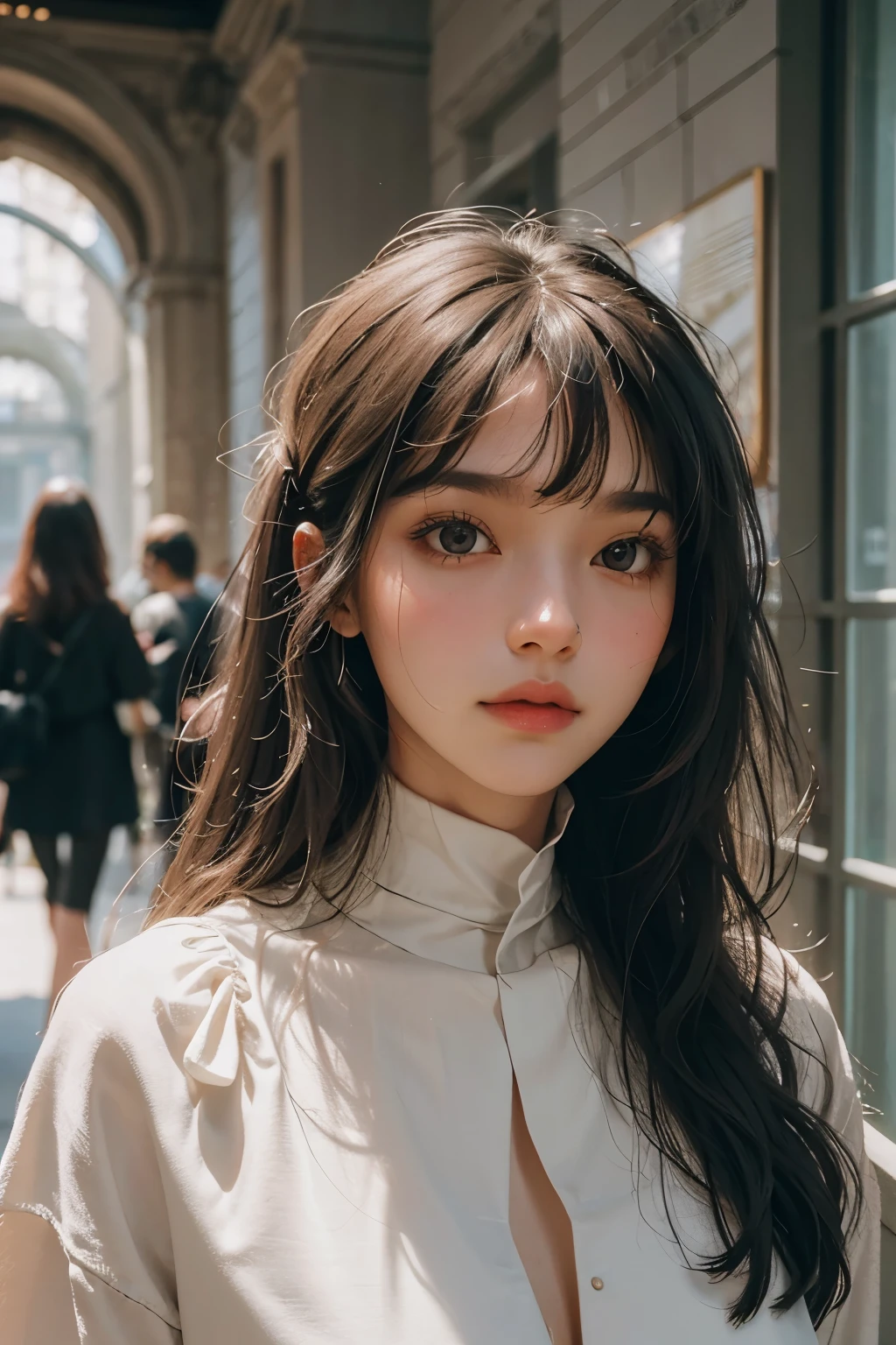 Raped woman with permed hair, what makeup, without makeup, Centrally separated curtain bangs, Profile picture, Use Instagram Filters, Subtle soft and dim light, Pose looking around the museum, Sculpture, Landmark, perfect face, julia sardinian, perfect hands, Random behavior, (full_body),