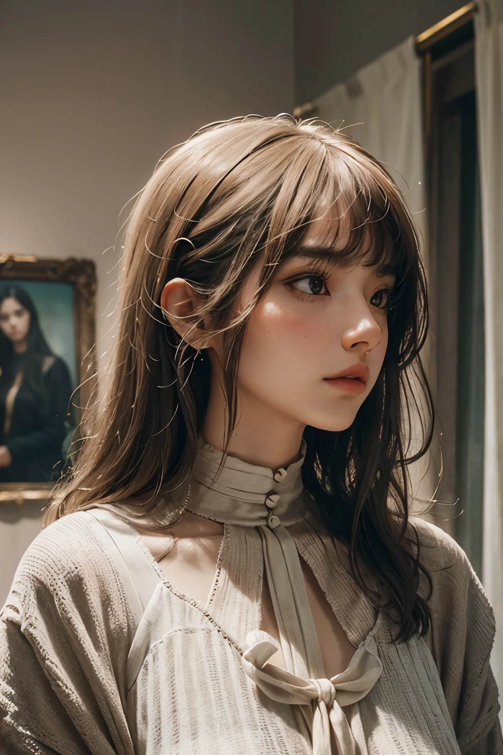 Raped woman with permed hair, what makeup, without makeup, Centrally separated curtain bangs, Profile picture, Use Instagram Filters, Subtle soft and dim light, Pose looking around the museum, Sculpture, Landmark, perfect face, julia sardinian, perfect hands, Random behavior, (full_body),