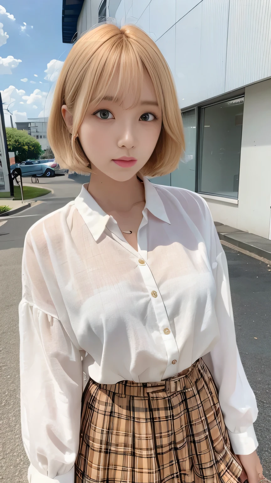 Sunburn marks on tanned skin、Multicolored hair color、Bangs on the face、Bangs between the eyes、A strong wind blows my hair in front of my face、Beautiful big sparkling eyes, Cute eyes hidden by long bangs、Yawn、No visible nasolabial folds、Short micro mini skirt、Multicolored patterned blouse、 Korean beauty、Blonde Short Hair