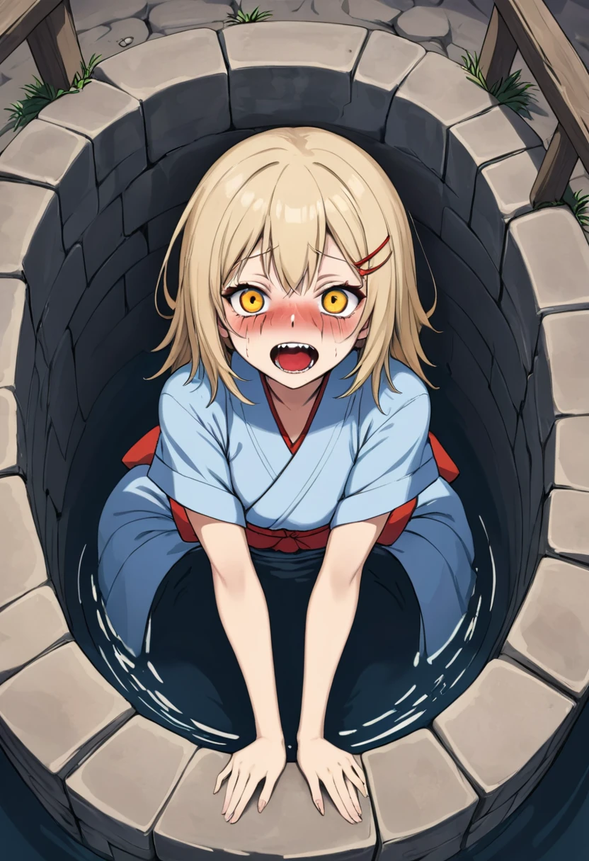 A girl with a scary face wearing Japanese clothes is sticking her head out of a deep well.