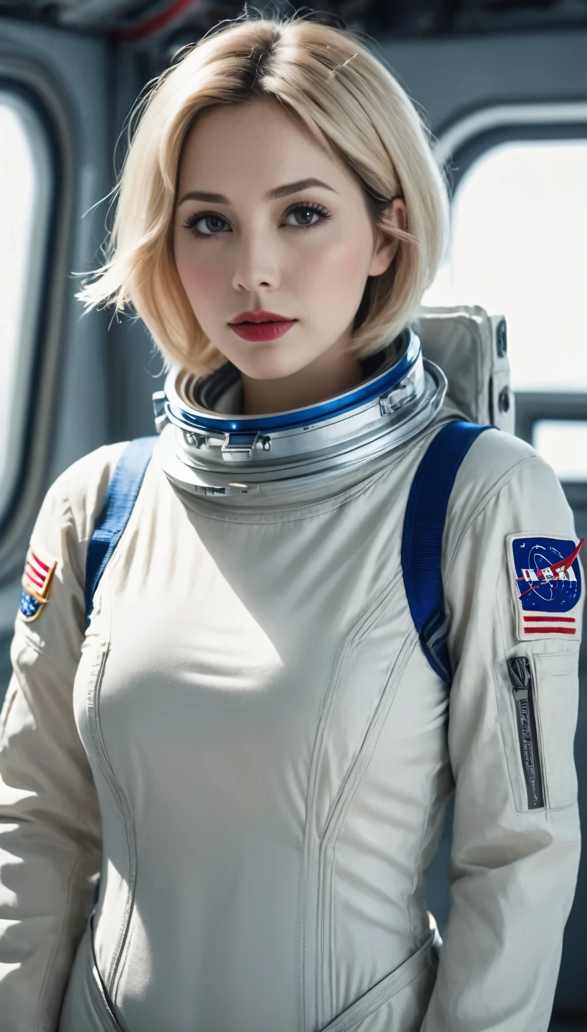(((surreal woman)))、((Very beautiful 30 year old white woman))、(((Big big cleavage)))、(((woman astronaut)))、(((Big big cleavage)))、
short hair、blonde mature、Chubby body type、Beautiful expression、Beautiful brown eyes、Stay on a huge space station、Red lips、(((Please wear a space suit)))、(((alone)))、