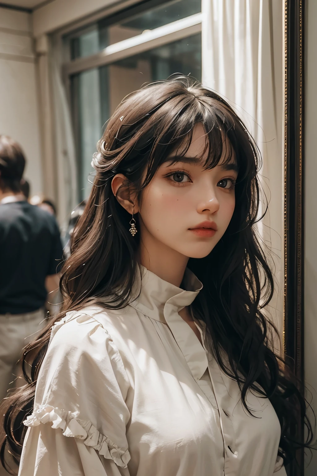 Raped woman with permed hair, what makeup, without makeup, Centrally separated curtain bangs, Profile picture, Use Instagram Filters, Subtle soft and dim light, Pose looking around the museum, Sculpture, Landmark, perfect face, julia sardinian, perfect hands, Random behavior, (full_body),
