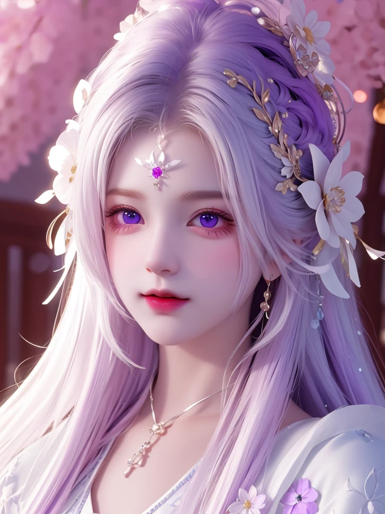 best quality, masterpiece, High target, There is a girl with a basket of flowers on her head, beautiful clothes, Hair Decorationss, necklace, Decorations, Pretty Face, When the body, Tyndall effect, Realistic Portraits, Edge lighting, Two-color light, (Very delicate skin:1.2), 8K uhd, Digital SLR Camera, Soft Light, high quality, Volumetric Lighting, Honest, photo, high resolution, 4K, 8K, Bokeh, White hair,purple hair ends, Pink Eyes.