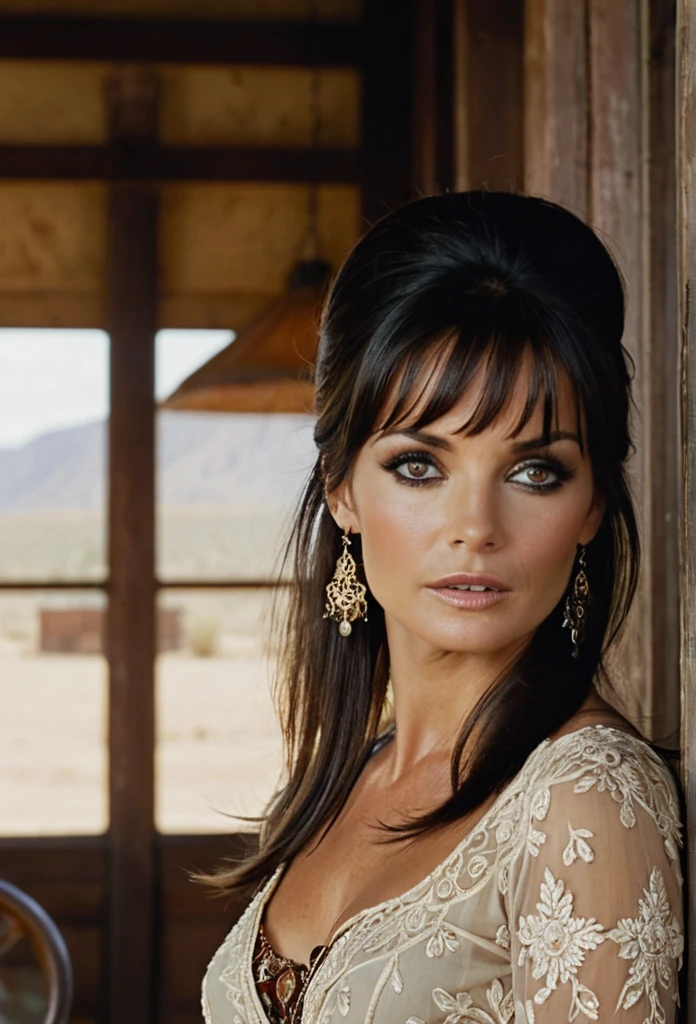 (establishing shot view :1.1), black haired izabella scorupco in a (The Good, the Bad and the Ugly (1966) film scene:1.1), looking at the camera throgh a window of a saloon, stunning,dynamic pose,hyper-realistic,highly detailed,lightroom,(motion blur),iso 150,dramatic lighting,((psychedelic)),natural lighting,vibrant,dramatic expressive background,intricate detail, 