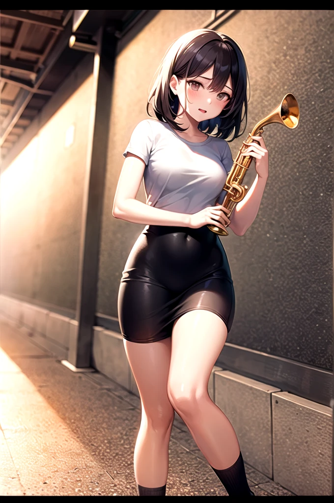 high resolution。High resolution、Low - Angle、masterpiece、Beautiful black-haired girl、17 years old、Round eyes、Playing the Trumpet、White sleevelesiniskirt and knee socks。sweating、high resolution8K