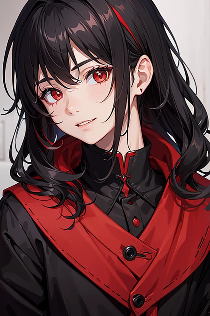 ((best quality)), ((masterpiece)), (detailed), boy in black and red coat, small smile showing teeth, black hair with red highlights in the front , small scar on lips