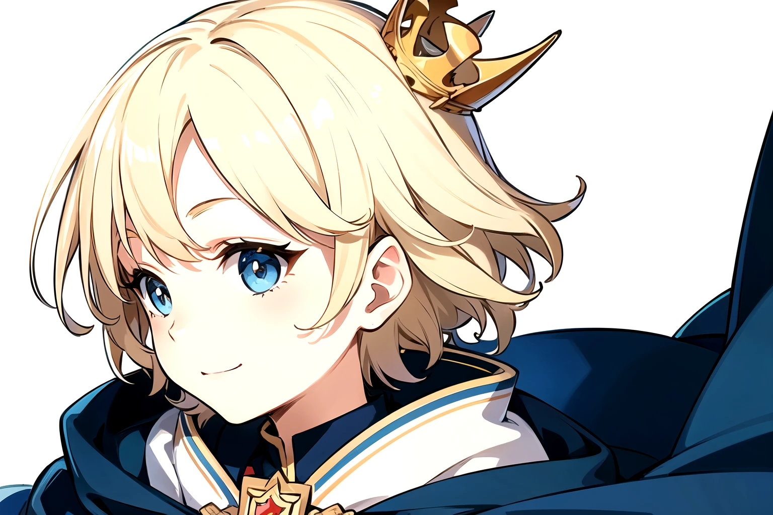 ((boy))　((cute))　child　Blue Eyes　((Blonde))　Short Hair　Star hair ornament　smile　 Standing posture　((One person))　Face close-up　 ((Blue outfit))　((White background))　Wizard　((profile))　crown　Red and blue cloak　((Face close-up))
