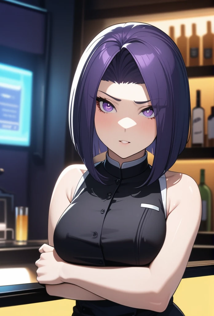 Adult Female, Black purple hair, slanted bob haircut, phlegmatic, stoic expression, perfect purple eyes, cyberpunk bar, bartender, bartender uniform, highly detailed, high quality, perfect quality, 8k, solid black pupils, crossed arms, leaning on bar