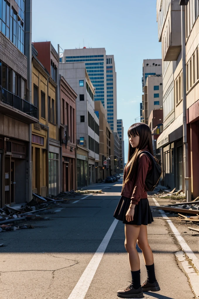 ((non realistic)) anime girl standing in a downtown city street in ruins