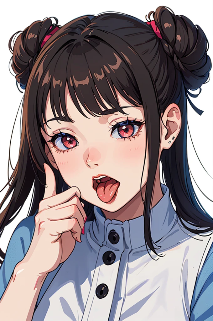 close up head photo, extremely detailed wide open mouth, a 21 year old girl licking her own hand fingers with a lot of saliva, saliva drooling, tongue out, ahegao face, her fingers touching her hand, brunette, coquette bun, low angle, from below