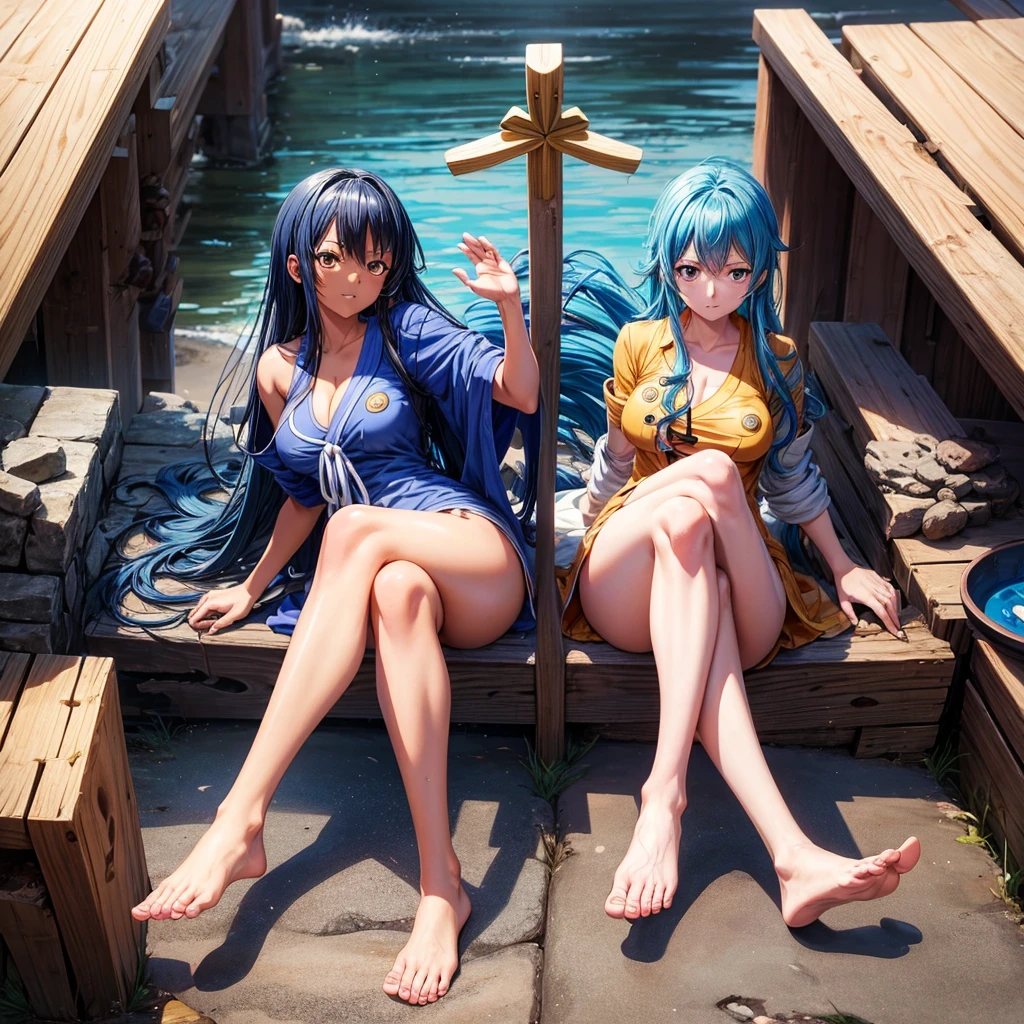 yamato(one piece),dark skin,blue hair,goddess,white wing,cute face,holy,feet,dirty soles