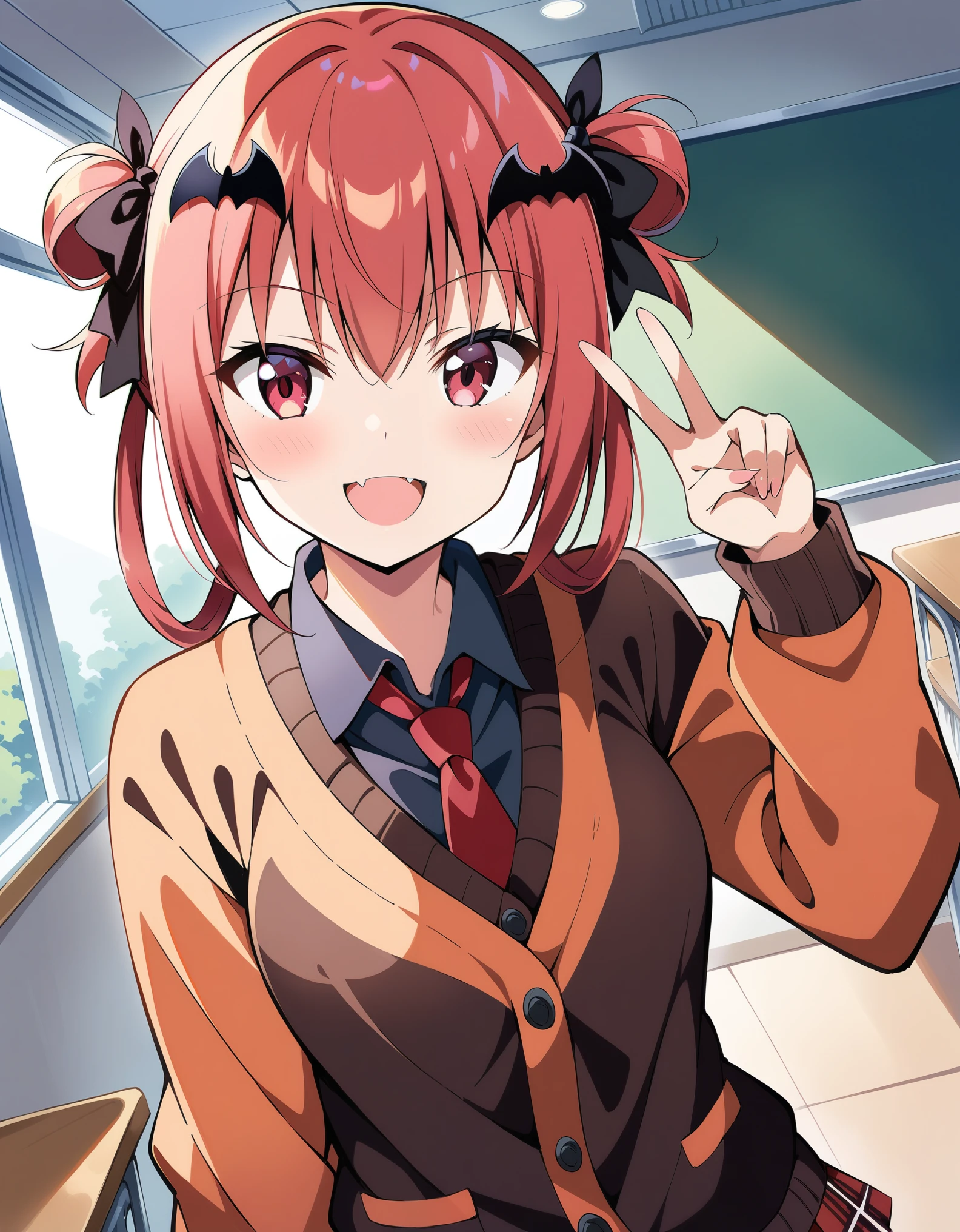 masterpiece, best quality, ultra detailed, very aesthetic, 1girl, satanichia kurumizawa mcdowell, gabriel dropout, fang, collared shirt, red hair, red eyes, hair rings, bat hair ornament, , red necktie, black shirt, pleated skirt, red skirt, smile, open mouth, orange cardigan, v, blush, indoors, classroom,