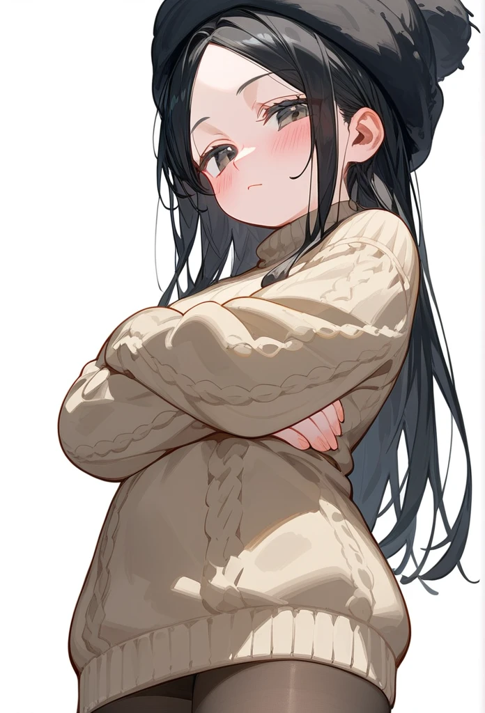 score_9, score_8_up, score_7_up, 1girl, woman, long hair, black hair, parted bangs, light black eyes, small breasts, innexpressive, beige sweater, black winter hat, blushing, narrowed eyes, closed mouth, standing, crossed arms, side view, thigh-high pantyhose, below view, upper body, masterpiece, best quality, white background