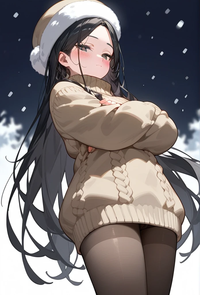 score_9, score_8_up, score_7_up, 1girl, woman, long hair, black hair, parted bangs, light black eyes, small breasts, innexpressive, beige sweater, black winter hat, blushing, narrowed eyes, closed mouth, standing, crossed arms, side view, thigh-high pantyhose, below view, upper body, masterpiece, best quality, white background