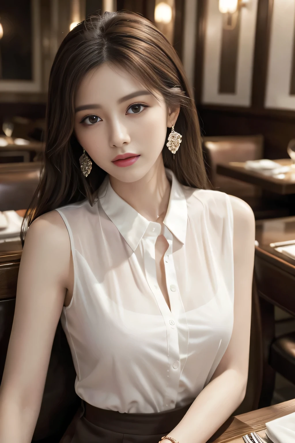 masterpiece, Highest quality, Realistic, Very detailed, Finer details, High resolution, 8k wallpaper, One beautiful woman, Wear an elegant white see-through shirt, In a great restaurant, At night, Light brown messy hair, Perfect dynamic composition, Beautiful and beautiful eyes、Big earrings、Sit on a chair、Sleeveless shirt、