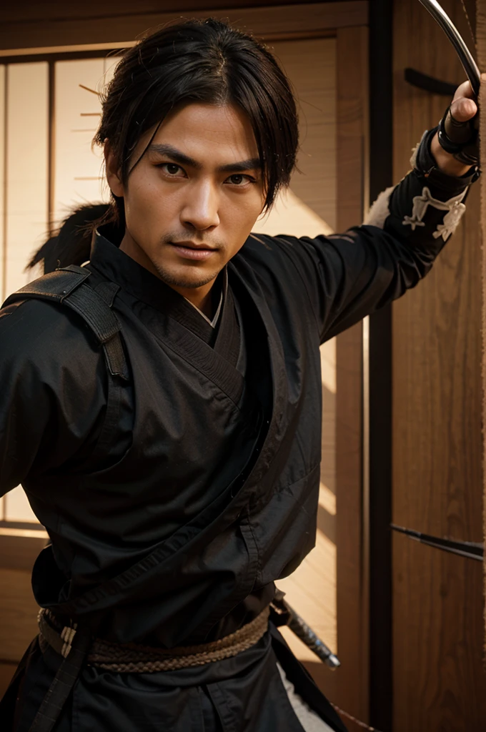 an image of an ultra-realistic ninja samurai with a bow and arrow