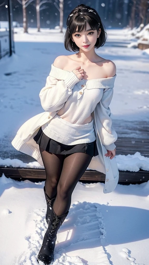 (RAW Shooting:1.2)、(Photorealistic:1.4)、(masterpiece:1.3)、(Top quality:1.4)、(Beautiful woman,Have a perfect body:1.4)、Japanese young women、(Kawaii:1.2)、(full-body shot)、(Mid-chest:1.3)、Beauty breasts、(Slender beautiful girl)、(sexy model posing:1.3)、Like a dream、Happy smiling face、(Beautifully detailed eyes)、(Charming big eyes)、(Nice double eyelids)、(Beautiful and delicate face)、(Short Bob:1.3)、Cute little、side fringe、Look at the audience、(Loose white cardigan、Off-shoulder、Tight mini skirt、Thick black pantyhose、snow boots:1.3)、(Beautiful thighs)、(Snow Mountain、Snow Scene:1.3)、Snowflakes dancing、Bokeh、