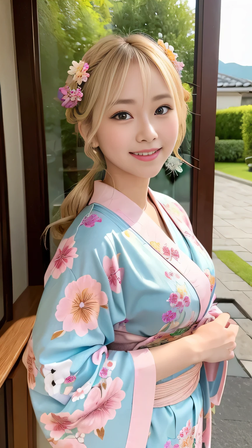 Blonde kimono beauty、Gorgeous floral patterned kimono、My cute girlfriend is a kimono model..、Brown eyes、Beautiful smile、He is short、Braiding、hair ornaments、Colorful and showy kimono、