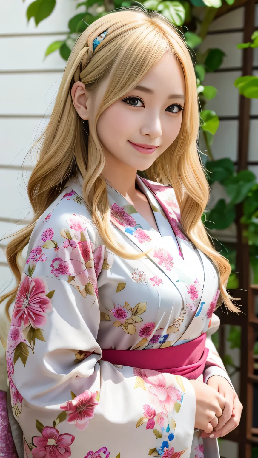 Blonde kimono beauty、Gorgeous floral patterned kimono、My cute girlfriend is a kimono model..、Brown eyes、Beautiful smile、He is short、Braiding、hair ornaments、Colorful and showy kimono、