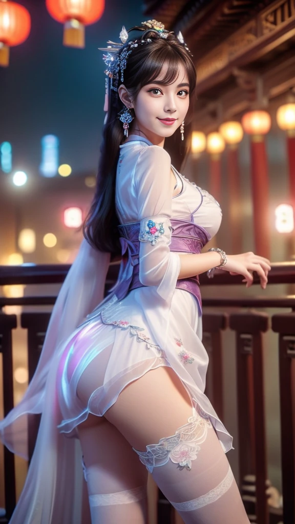 8K, masterpiece, RAW photos, best quality, Reality, extremely detailed CG unity 8K wallpaper, Depth of Field, light, lens flare, Ray Tracing, (Extremely beautiful face, Beautiful lips, beautiful eyes), Complex facial details, ((Ultra-delicate skin)) , Beautiful Asian girl, ((Looking at the audience)),(big Smile), (Blurred background), midnight, (pretty girl), earrings, bracelet, necklace, Clear eyes, (Pale skin), Facing forward, (big eyes), (Looking at the audience), Large Breasts ,((Smile)), blue eyes, Shiny Dress, Open your heart, balcony, Very slim, (Medium buttocks), See-through dress, Thick thighs, Open your heart Ancient Chinese architecture,Chinese style beauty,Wear revealing Hanfu,Simple clothes, Simple style,Chinese and American mixed race,Background blur,focus,light, Seven Figures,(((tmasterpiece))), ((Best quality)), ((Complex and meticulous)), ((Surrealism)), Ridiculous resolution, , Mature woman, transparent, Very detailed, Implications, 1 Girl, (Medium breasts), Thin waist and thick hips,Long Law,Beautiful and delicate eyes, Short and delicate hair, Dark brown hair, Purple Eyes, black,lacy clothing,Hip-covering skirt,Tights,Vaguely visible,Cool clothes,Perfect body proportions,(No underwear),Detailed background, Perfect eyes,,Looking at the audience,From the front,Wear lightly,Juicy legs,Deep V,