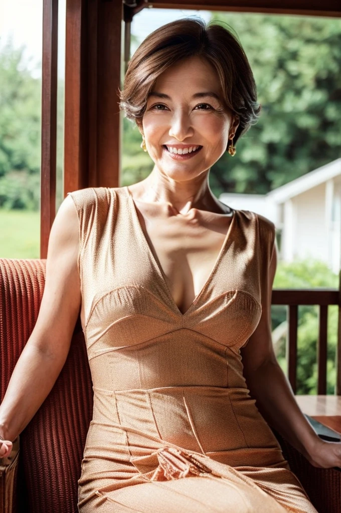 Create a high-resolution illustration of a beautiful mother in her 60s, Designed to express her elegance and elegance with the highest quality and photorealistic details. She must embody age-appropriate mature beauty, With a bright smile and a warm feeling, Fascinating presence, Rendered with great attention to detail. She’s wearing a light, flowy dress, Exposing breasts, ((nipple)), nsfw, (breast squeeze:1.3),Her outfit should reflect her sophisticated style, The perfect balance of sophistication and comfort, symbolizing a rich and fulfilling life.. The background should be of photographic quality and complement her persona, perhaps highlighting her nurturing spirit、Perhaps it depicts a cozy home or a peaceful outdoor environment, This illustration、As well as her physical beauty、Aims to show the depth of character and wisdom she has acquired, Achieve a level of detail that makes your artwork indistinguishable from high-quality photographs.