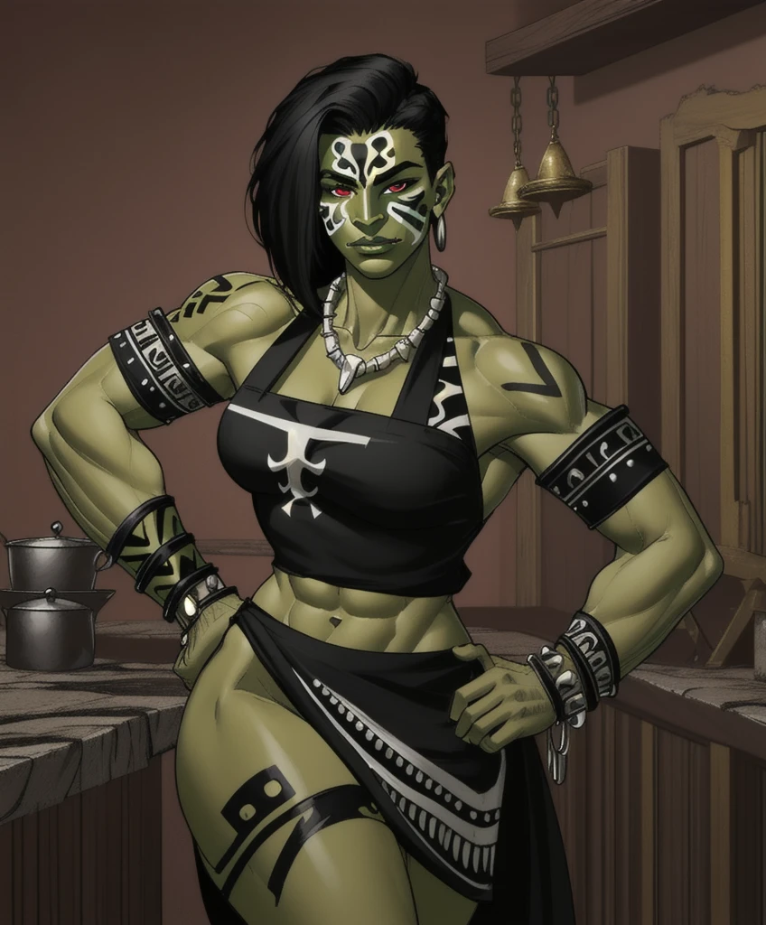 woman, shewoworc, olive green skin, (perfect face), defined jawline, beautiful dark green lips, (beautiful bright red eyes), (short black hair:1.2), (green skin), (perfect anatomy), (athletic body), (sexy), exposed midriff, abs, (white tribal face paint;1.2), (intricate black tribal markings on blacksmith apron:1.2), (intricate silver arm bracers studded with gems), (intricate ancient tribal bone necklace), (standing, hand on waist, flexing biceps), (looking at viewer), (medium shot photograph), (medieval fantasy tavern interior background:1.2), realistic