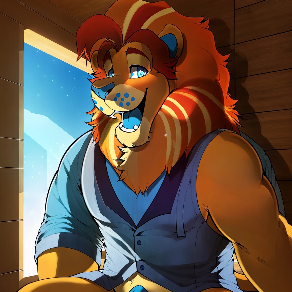 solo, male focus, lloydip, lion, blue eyes, blue nose, blue tongue, mane, vest, shirt, bow, sitting, looking at viewer, smile, open mouth, teeth, detailed bedroom background, sunlight, masterpiece, intricate, ((detailed face, detailed eyes)), by redrusker, erection, thick cock, 8k, hi res, best quality, masculine, muscle, HD, 5 fingers, full body,