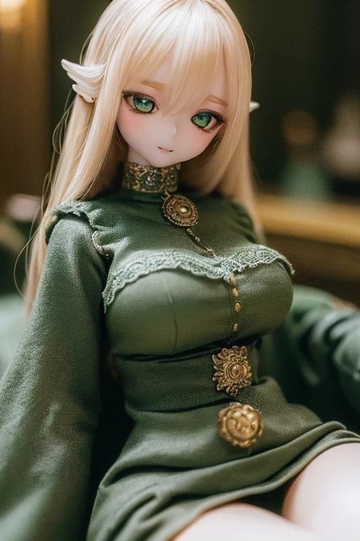 photorealistic, realistic photo, ((highest quality)), ((masterpiece)), (extremely detailed), kukolnydom, doll, (mature woman:1.6), solo, eye level shot, sitting on sofa, green eyes, (reclining, blank eyes, empty eyes, detailed eyes:1.3), (light smile), dress, museum, 8k