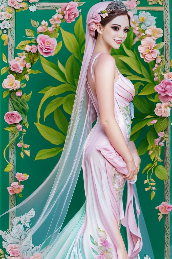 illustration of a woman in a dress with a veil and flowers, in style of anna dittmann, porcelain skin. studio ghibli, beautiful illustration, the sailor galaxia. beautiful, beautiful drawing style, by Alice Prin, by Ayami Kojima, corpse bride art style, alphonse mucha and rossdraws, style of charlie bowater, dreamy illustration