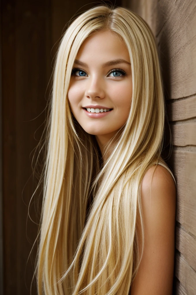 Beautiful blonde girl with animal fangs peeking out of the corner of her mouth
