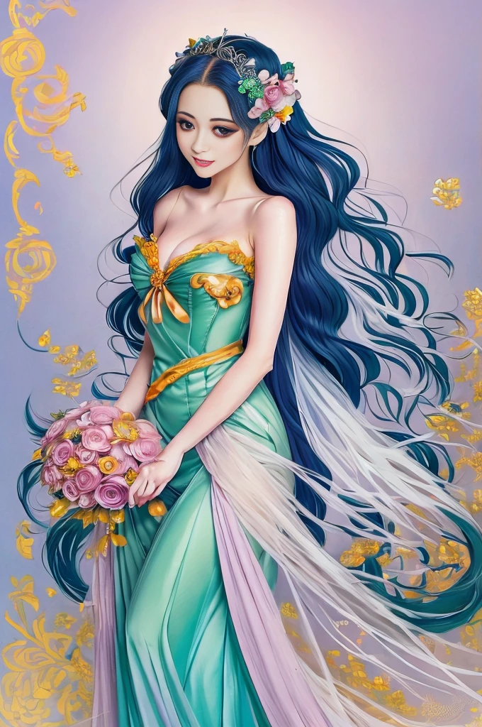 illustration of a woman in a dress with a veil and flowers, in style of anna dittmann, porcelain skin. studio ghibli, beautiful illustration, the sailor galaxia. beautiful, beautiful drawing style, by Alice Prin, by Ayami Kojima, corpse bride art style, alphonse mucha and rossdraws, style of charlie bowater, dreamy illustration