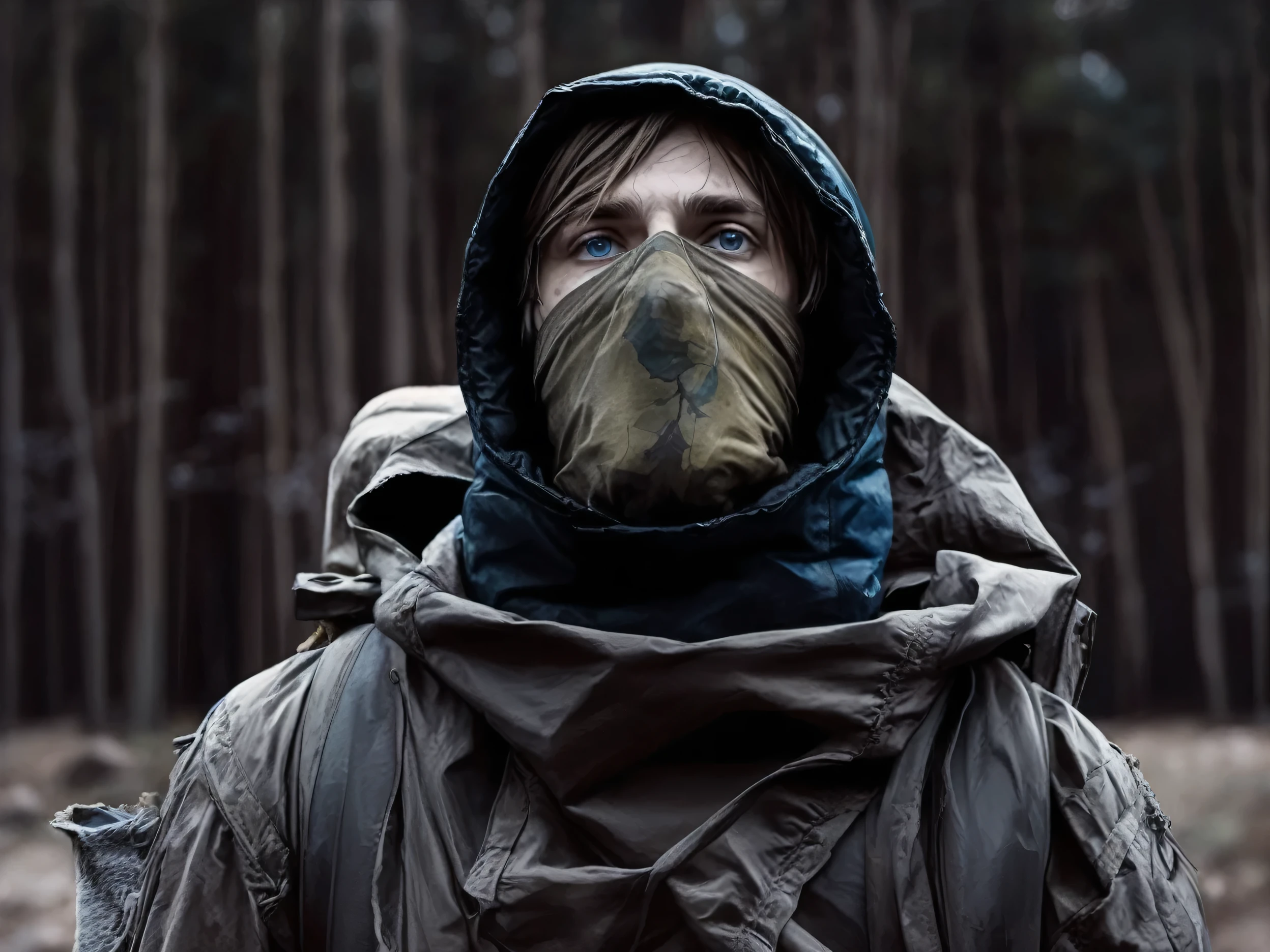 Anime realaitic art-style, Man with blue eyes worn a hood and a cloth mask covering the nose and mouth look lost, background a forest with trees with high trunk and few leaves, it seems to be cold they wear a mountaineer outfit esvaldor for cold momwntos the colors are erased looks like a dark environment