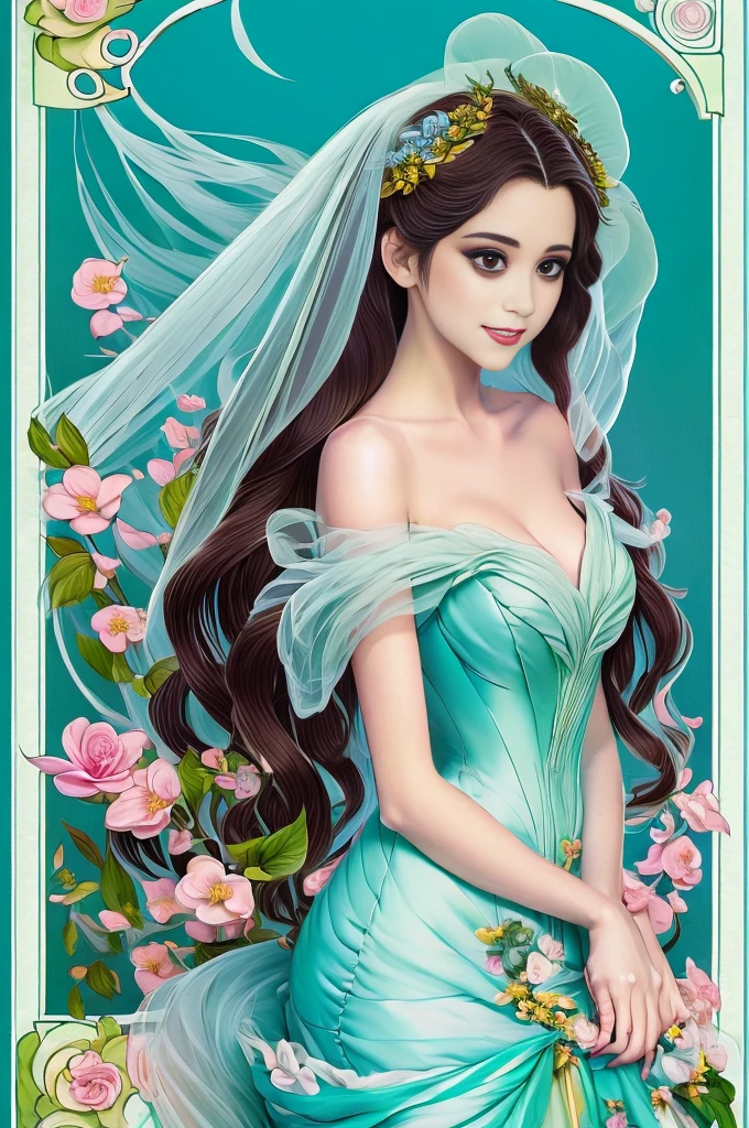 illustration of a woman in a dress with a veil and flowers, an anime drawing by Alice Prin, tumblr, art nouveau, in style of anna dittmann, porcelain skin. studio ghibli, beautiful illustration, the sailor galaxia. beautiful, beautiful drawing style, corpse bride art style, alphonse mucha and rossdraws, style of charlie bowater, dreamy illustration
