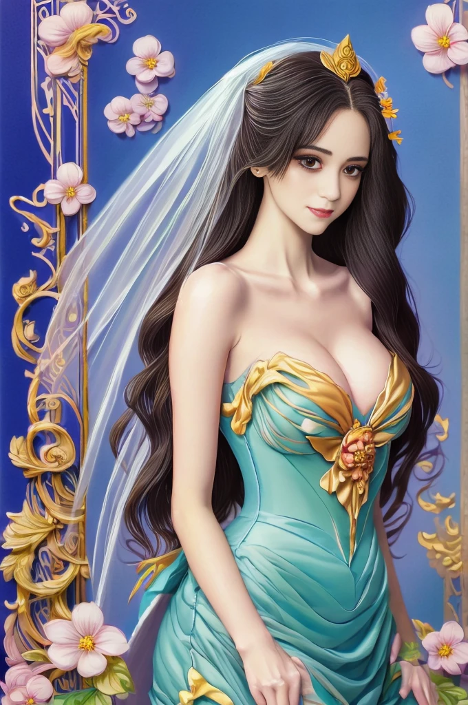 illustration of a woman in a dress with a veil and flowers, an anime drawing by Alice Prin, tumblr, art nouveau, in style of anna dittmann, porcelain skin. studio ghibli, beautiful illustration, the sailor galaxia. beautiful, beautiful drawing style, corpse bride art style, alphonse mucha and rossdraws, style of charlie bowater, dreamy illustration