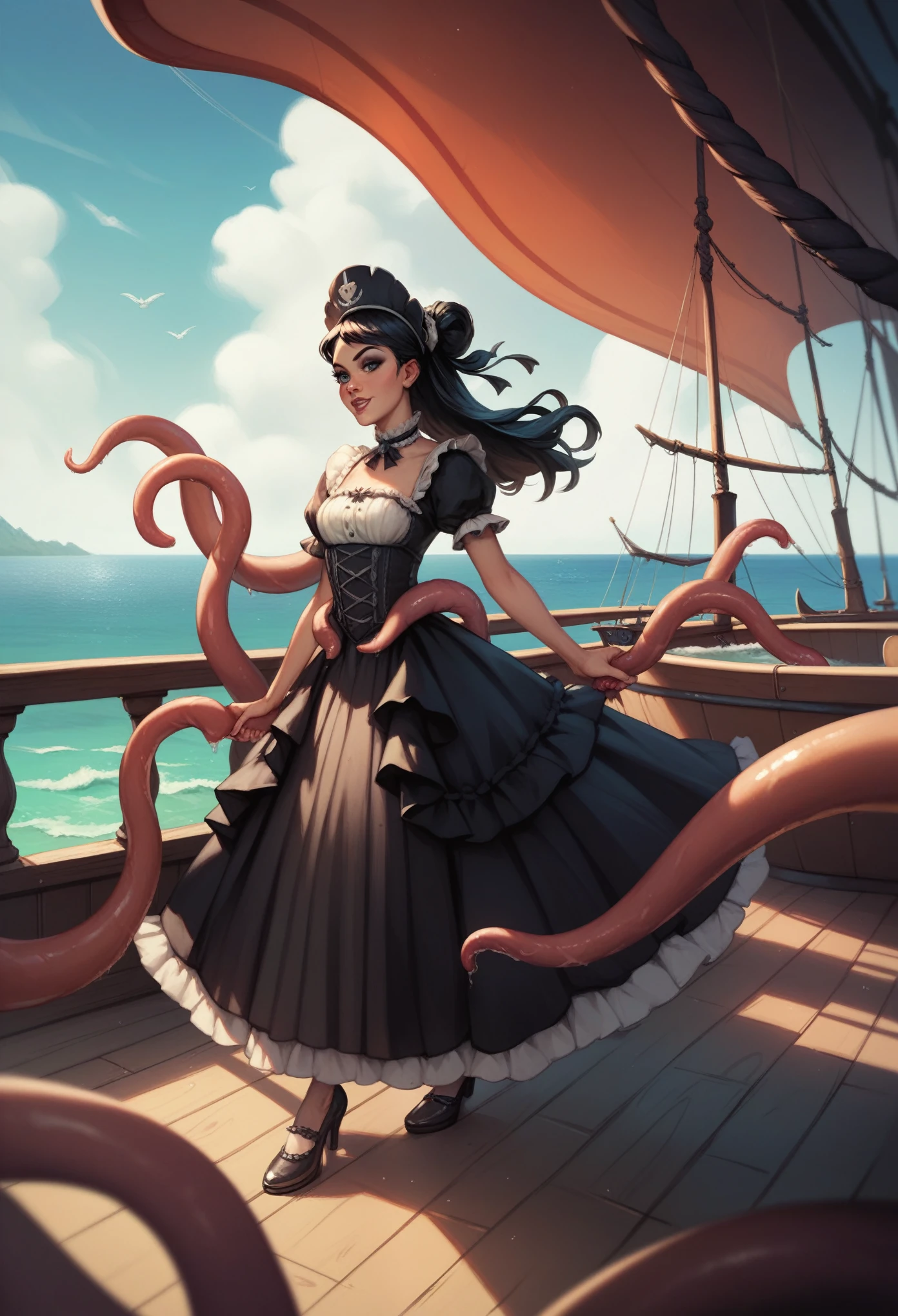 Giant girl leaning out of the sea. She wears a gothic dress, dress with ruffles. Innocent laughter. Grab and sink the ship, Wooden boat. Tentacles extending from the sea, View from the ship.