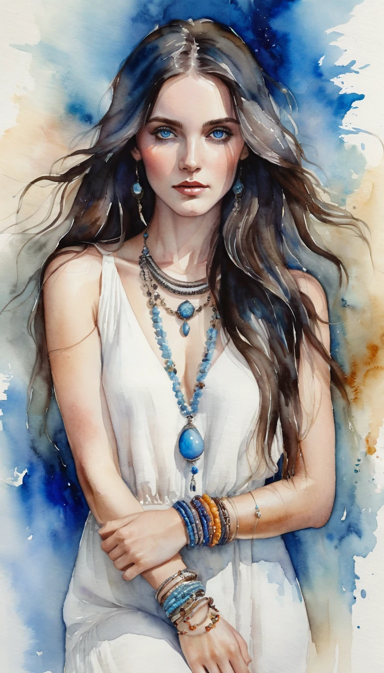 A captivating watercolor portrait of a bohemian woman with long dark hair, piercing blue eyes, her intense gaze directly meeting the viewer's eye. She dons a flowing white linen dress, accentuated by a collection of elegant and shimmering boho bracelets adorning her wrist. The background is a soft, neutral hue, creating a striking contrast that highlights her bold and confident presence, exuding both strength and allure., poster, painting, fashion