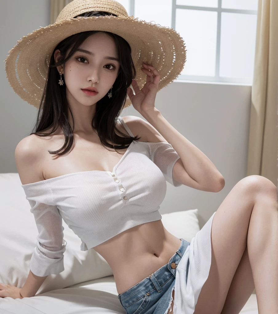 ((((absurdres, RAW photo, extremely delicate and beautiful, masterpiece, Best Quality, ultra high resolution, 32k, hyperrealistic, ultra-detailed)))), in her 20s, very Slim body, narrow waist, very small head, very small face, delicate facial features, beautiful face, beautiful eyes, ((((very huge round tits)))), medium hair, black hair, wavy hair, tearful mole, earring, ((full body shot)), casual, blouse, white shirt, buttoned shirt, bare shoulders, collarbone, midriff, navel, shorts, straw hat,