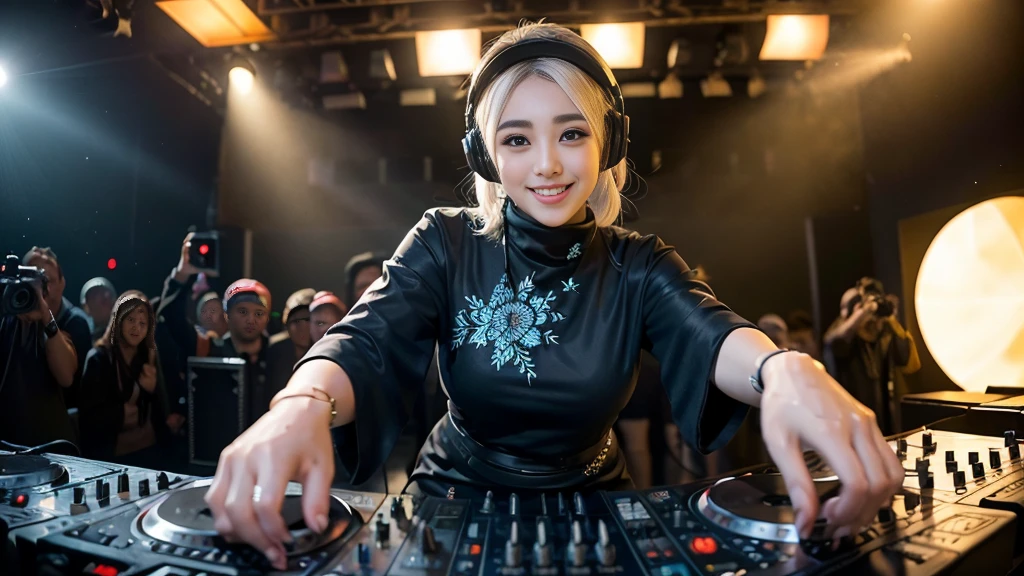 (ultra - detailed, 16K resolution, Cinema lenses, rendering by octane), (high resolution:1.18), intricate detail, (masterpiece:1.1), (highest quality:1.1), (1girl, portrait, white hair, blue eyes, hijab, detailed eyes),Wearing red DJ headphones, 1 malay-Indonesian girl, modern plain hot deep neck top and dupatta, shy, medium portrait, watery eyes, wearing red kebaya, wearing muslim cloth, well-proportioned body,, chubby massive thighs, Hena art on the body, hena art on arms , Smile while DJing on stage, The spotlight shines on the female DJ. Photorealistic photography by Disco Lighting, (cute round face:1.3),perfect fingers, five fingers, beautiful hands, perfect hands. master peace, cute smile.