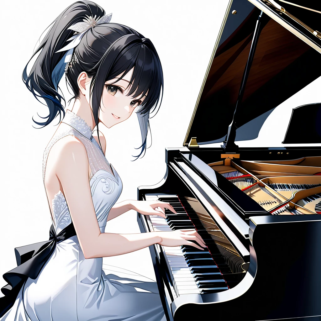 (((White background:1.5)))、(very wide shot)、(masterpiece、Ultra HD、Highest quality、Masterpiece、4K:1.2)、Slender body、Elegant pianist playing the piano、 Intricate details, Highly detailed fingers、Black hair ponytail、White elegant dress, Intricate details、smile