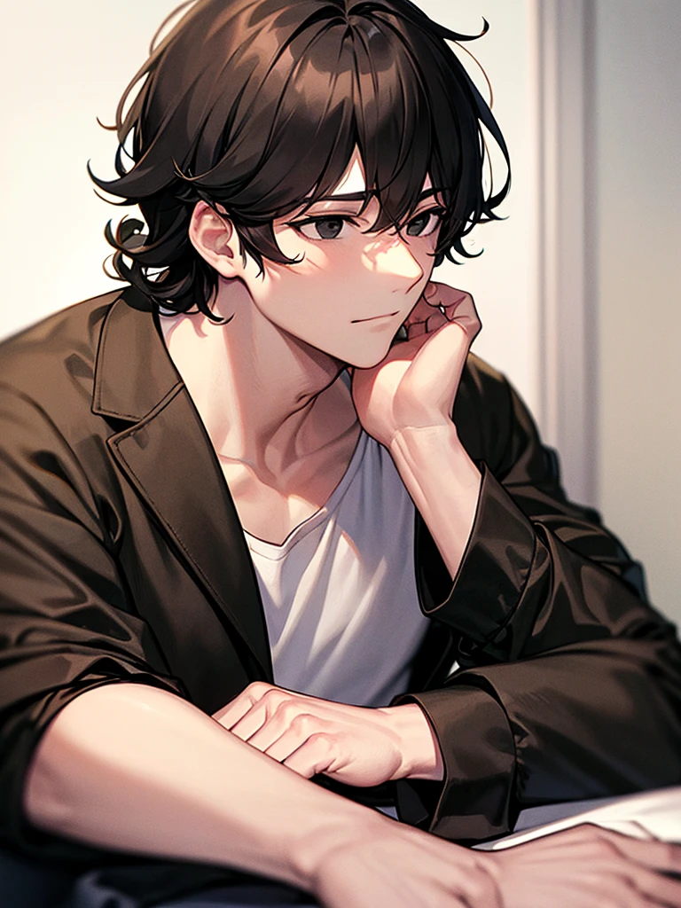 An adult man with curly black hair and black eyes, wearing a pajamas and a long white shirt with long sleeves