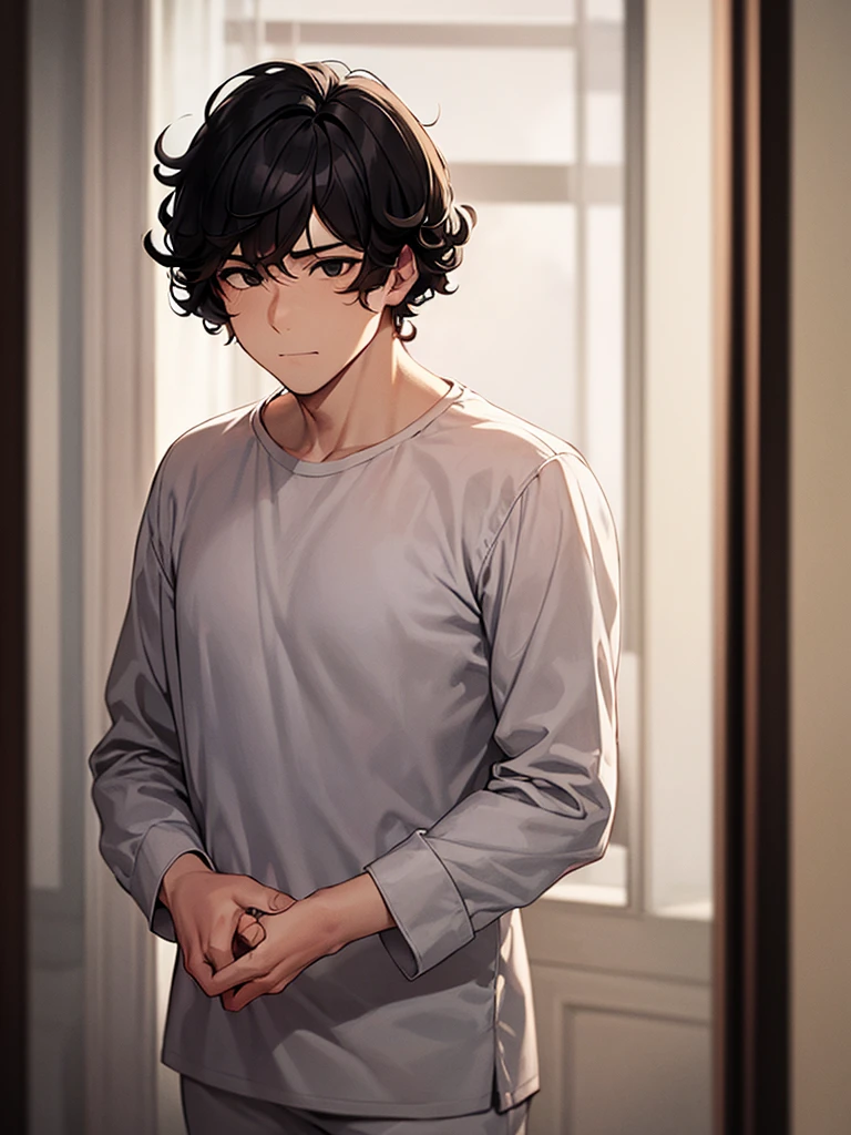 An adult man with curly black hair and black eyes, wearing a pajamas and a long white shirt with long sleeves