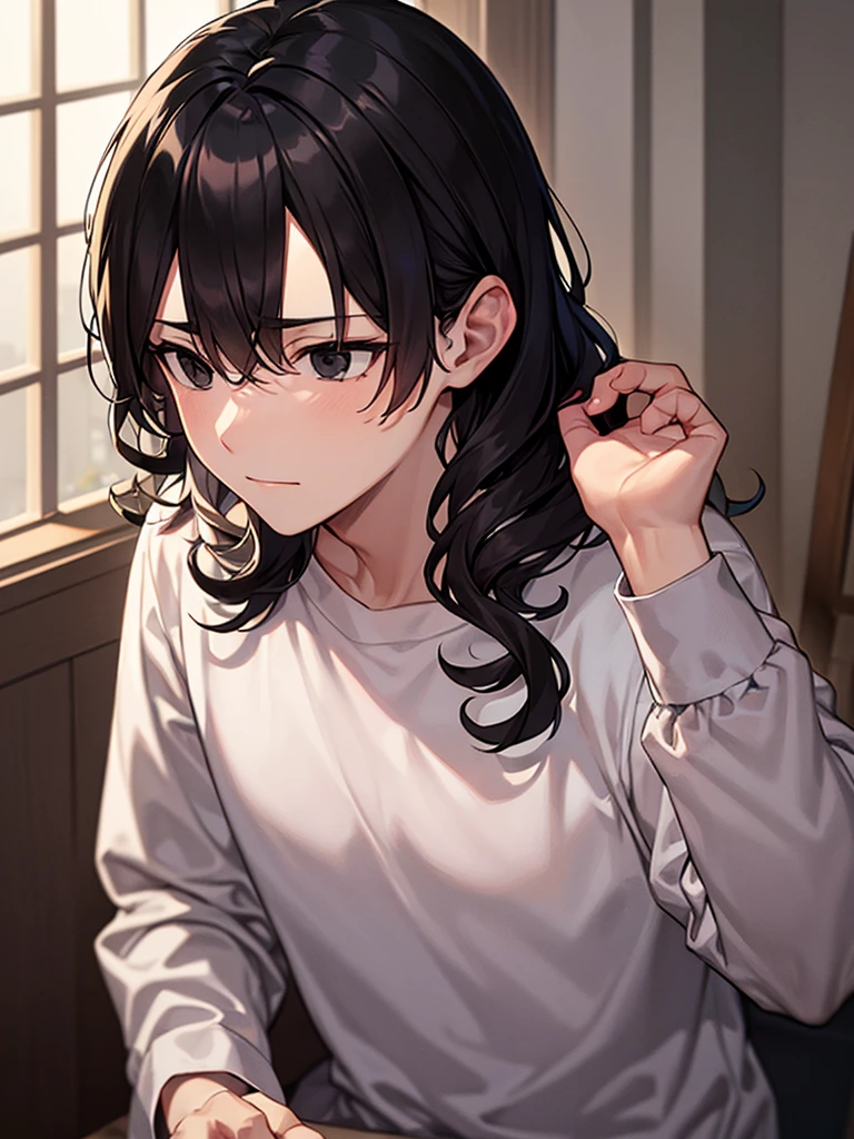 An adult man with curly black hair and black eyes, wearing a pajamas and a long white shirt with long sleeves