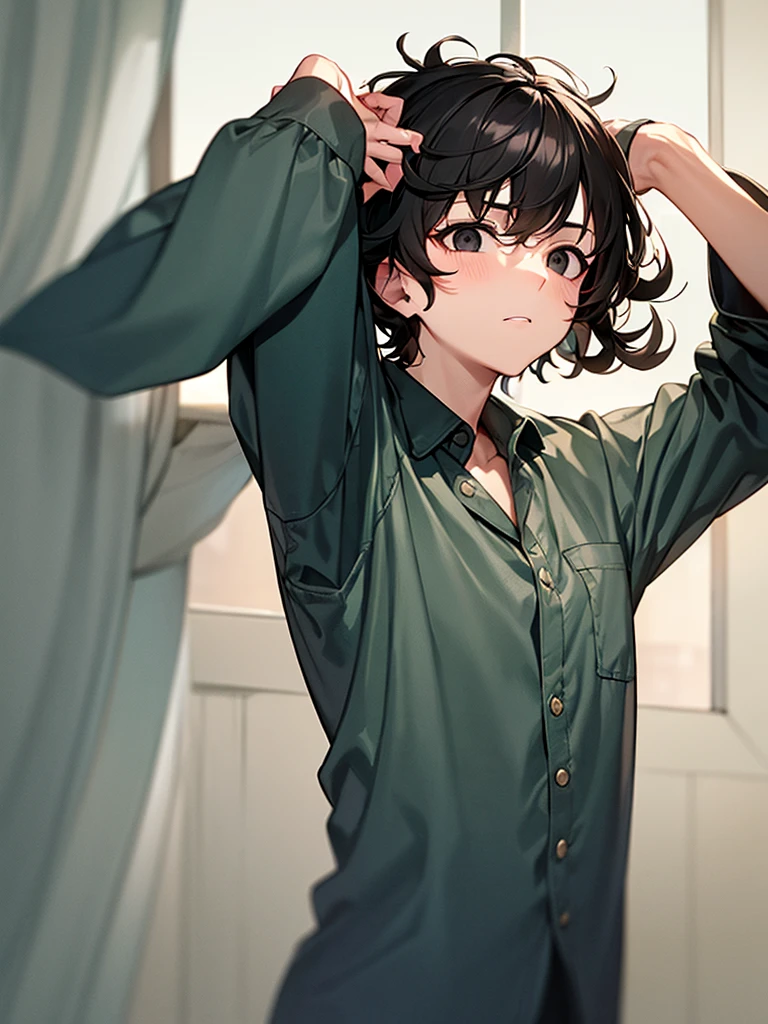 An adult man with curly black hair and black eyes, wearing a pajamas and a long white shirt with long sleeves