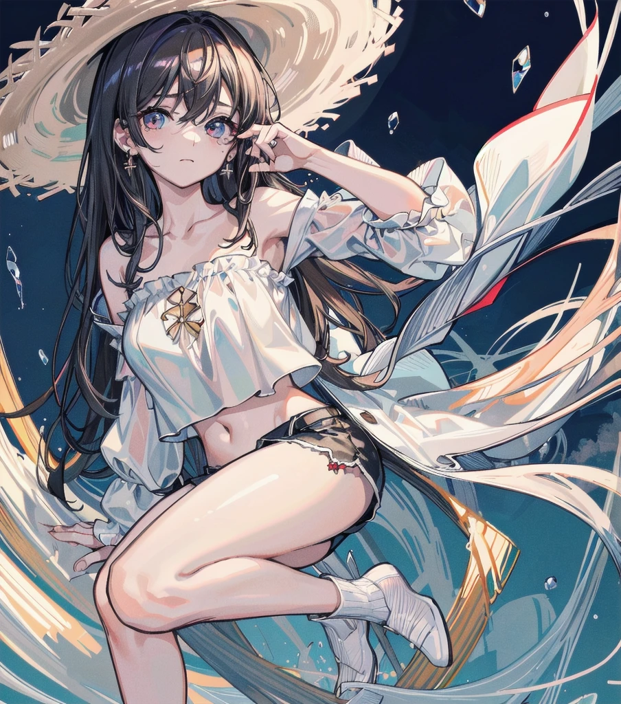 ((((absurdres, RAW photo, extremely delicate and beautiful, masterpiece, Best Quality, ultra high resolution, 32k, hyperrealistic, ultra-detailed)))), in her 20s, very Slim body, narrow waist, very small head, very small face, delicate facial features, beautiful face, beautiful eyes, ((very huge round tits)), medium hair, black hair, wavy hair, tearful mole, earring, ((full body shot)), casual, blouse, white shirt, buttoned shirt, bare shoulders, collarbone, midriff, navel, shorts, straw hat,