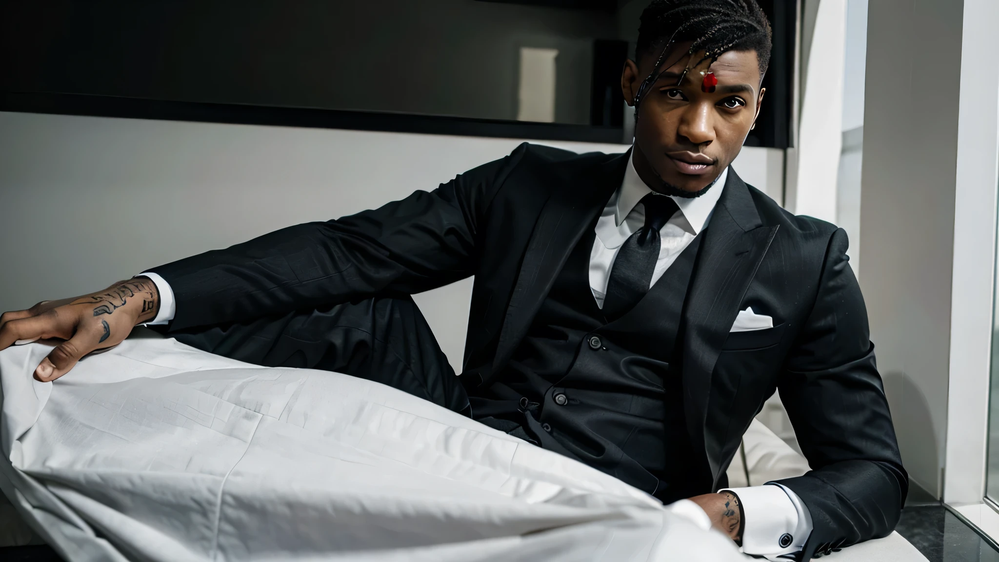 Black man. Model. Tatoo. Suit