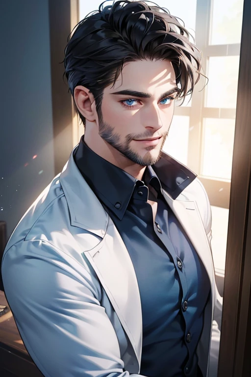 a handsome 35 year old man, 3 day beard, dark hair, sharp jawline, (mesmerizing blue eyes), perfectly styled hair, wearing cool anime outfitt, dynamic lighting, (CEO), (expression, smile in love), (best quality,4k,8k,highres,masterpiece:1.2),ultra-detailed,(realistic,photorealistic,photo-realistic:1.37)