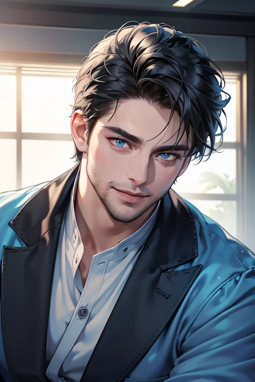 a handsome 35 year old man, 3 day beard, dark hair, sharp jawline, (mesmerizing blue eyes), perfectly styled hair, wearing cool anime outfitt, dynamic lighting, (CEO), (expression, smile in love), (best quality,4k,8k,highres,masterpiece:1.2),ultra-detailed,(realistic,photorealistic,photo-realistic:1.37)