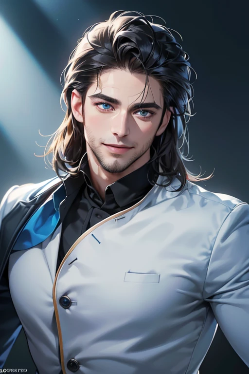 a handsome 35 year old man, 3 day beard, dark hair, sharp jawline, (mesmerizing blue eyes), perfectly styled hair, wearing cool anime outfitt, dynamic lighting, (CEO), (expression, smile in love), (best quality,4k,8k,highres,masterpiece:1.2),ultra-detailed,(realistic,photorealistic,photo-realistic:1.37)