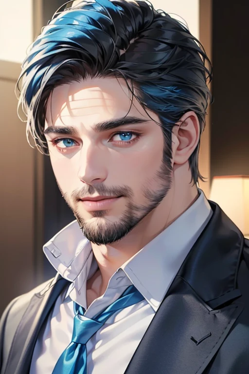 a handsome 35 year old man, 3 day beard, dark hair, sharp jawline, (mesmerizing blue eyes), perfectly styled hair, wearing cool anime outfitt, dynamic lighting, (CEO), (expression, smile in love), (best quality,4k,8k,highres,masterpiece:1.2),ultra-detailed,(realistic,photorealistic,photo-realistic:1.37)