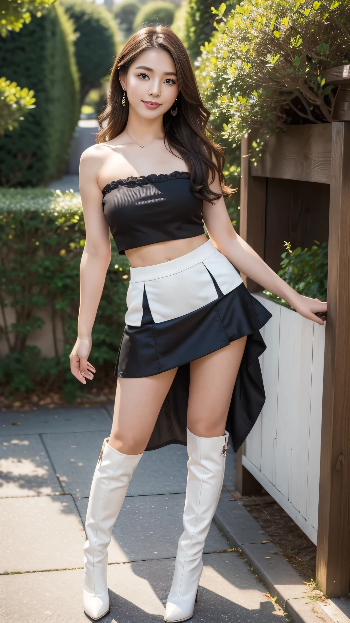 (Brown layered wavy hair),Heavy makeup、(18 year old,Japanese):1.2、8K, Seductive smile,tall:1.4、a small face、Nikon Z 85mm, ((Best Quality)) ,((masterpiece)), intricate detailes, Professional, Realistic, Photorealistic、 ((Strapless,Baretop midriff,Sexy mini skirt)):1.2、(Walking in the park):1.2, large earring、(White Stretch knee boots with high stiletto heels、Pointed toe):1.2、Full body shot